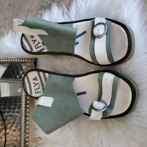 Fly London Sage Green White Platform Heel Wedges Fun Sandals - Picture 1 of 16